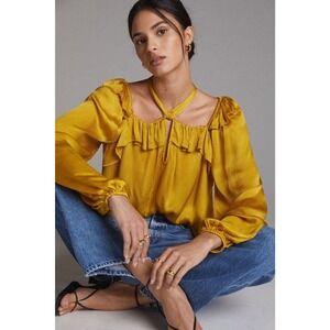 Maeve Top Womens Extra Large Yellow Ruffle Tie Neck Cut Out Pullover Button
